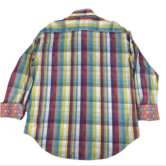 Robert Graham Shirt Mens XL Floral Orange Gingham Multicolored Flip Cuff Button - Picture 3 of 12